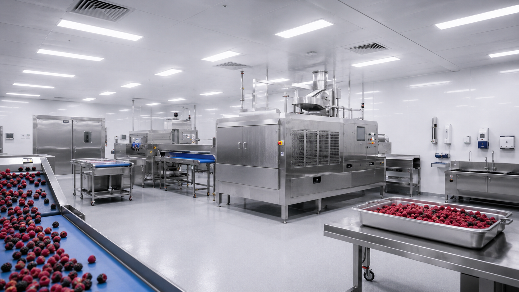 Berry processing line in a hygienic food-production facility