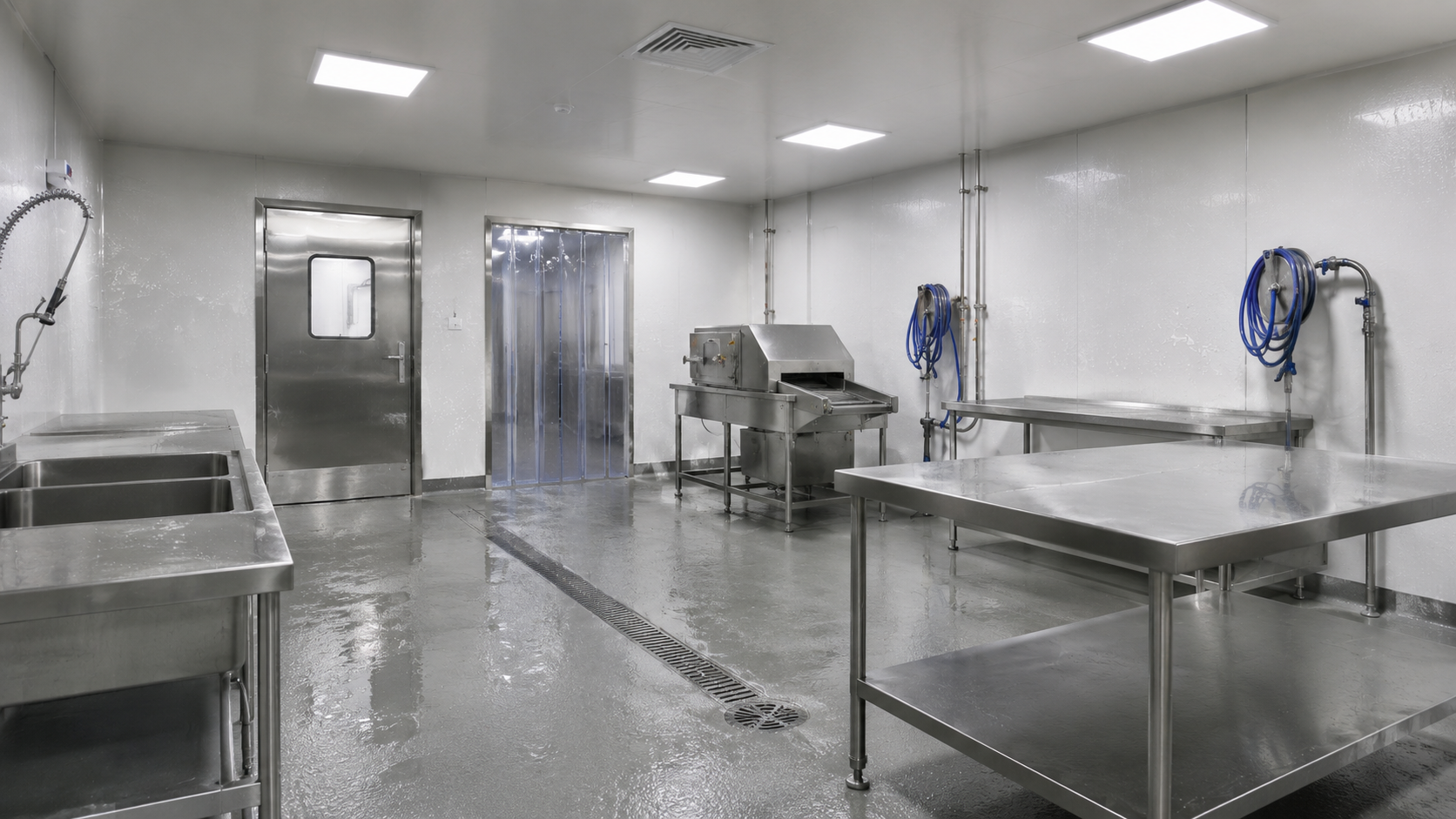 Hygienic washdown room in a food-processing facility